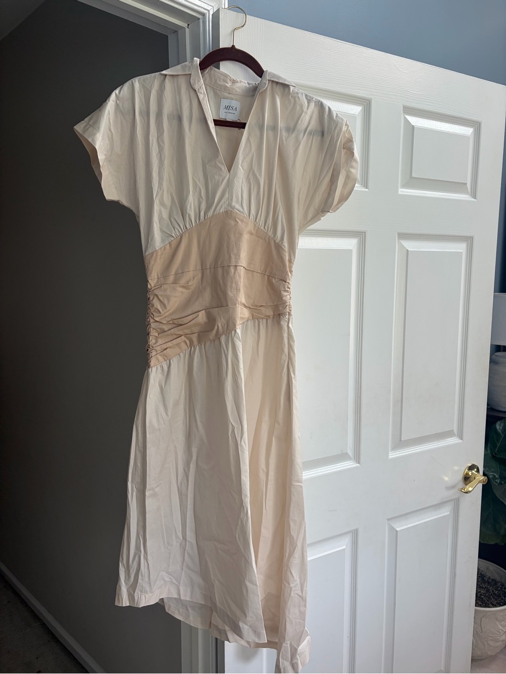 Misa Los Angeles Cream Midi V-Neck Dress with Ruched Waist